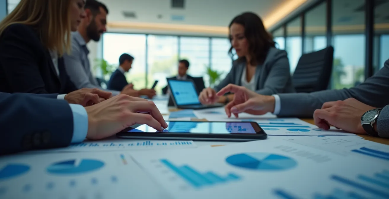 Illustration photo-réaliste symbolique d'une équipe utilisant des données pour la planification en entreprise