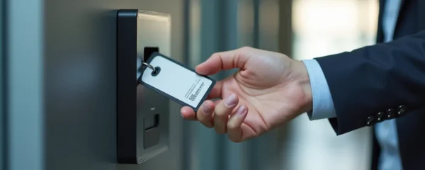 Illustration photo-réaliste de la gestion du temps en entreprise avec badgeage moderne