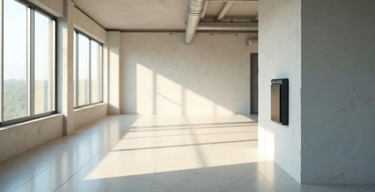 Vue environnementale et minimaliste d’une zone d’entrée d’entreprise avec badgeuse moderne