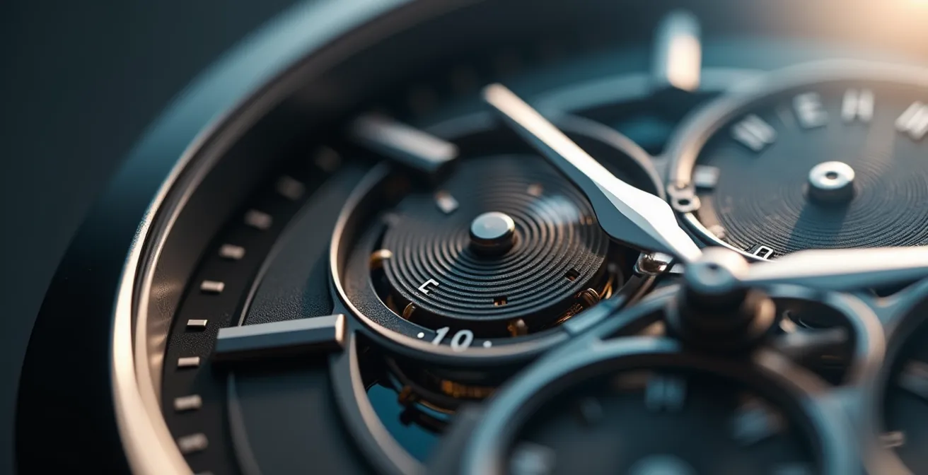 Détail macro d'une horloge moderne montrant les textures métalliques