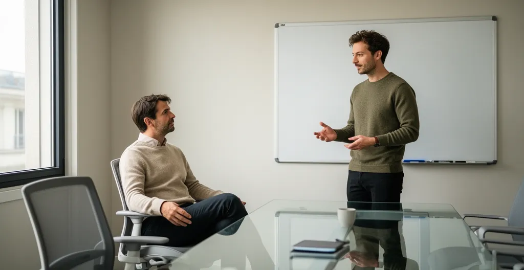 Deux collègues discutant de la stratégie de relance client en salle de réunion